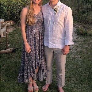 Hi-low grey and light pink spaghetti strap dress.